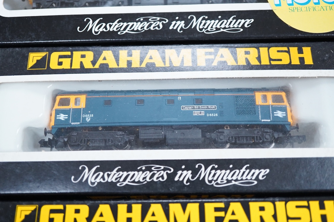 Four boxed Graham Farish N gauge railway diesel locomotives; a BR class 33, D6525 (FA83111), a BR class 33, 33012 (8315), a BR class 33, 33 056 (8316) and a BR class 37, 37 906 (8038).